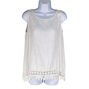 Terzo Millennio Womens S White Linen Tank Top Crochet Hem Italy Made Clean Girl